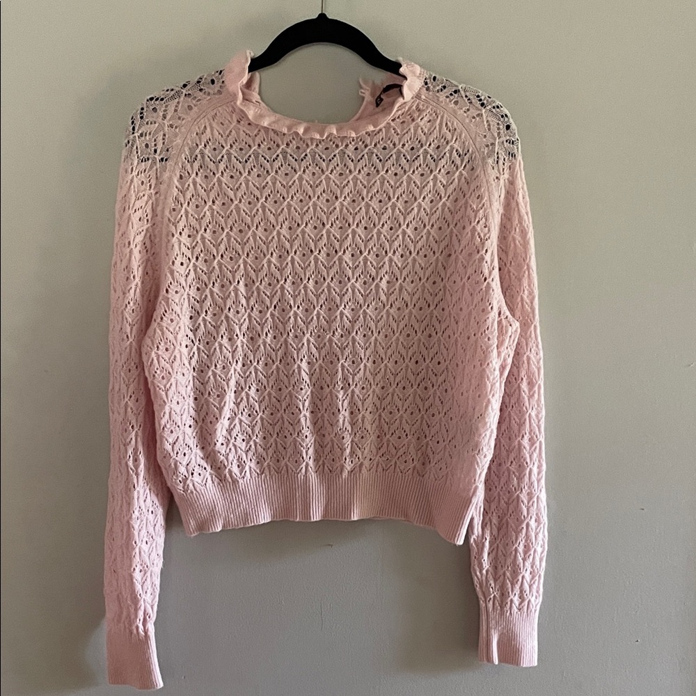 Maje Light Pink Lace Knit Turtleneck Sweater